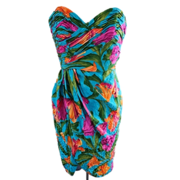 A.J.Bari 100% Silk *SAMPLE* One of A Kind Tropical Floral Strapless Dress-Size 8 - Picture 1 of 10
